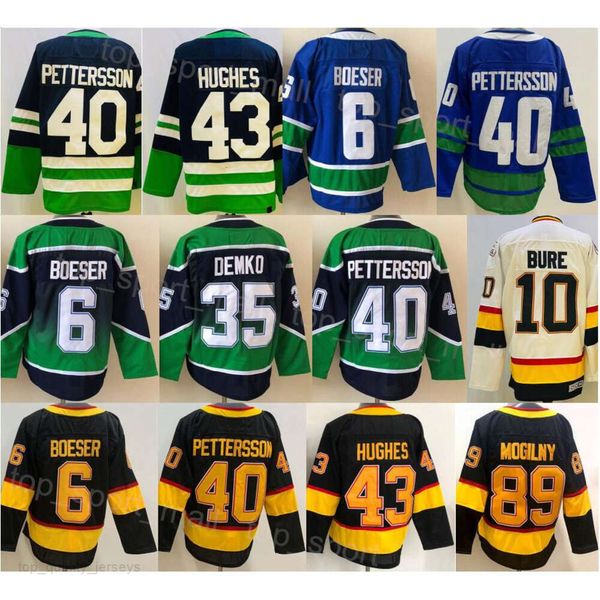 Homem Hóquei no Gelo 43 Quinn Hughes Jerseys 6 Brock Boeser 40 Elias Pettersson 35 Thatcher Demko 10 Pavel Bure 89 Mogilny Reverse Retro Vintage Preto Azul Branco Ponto