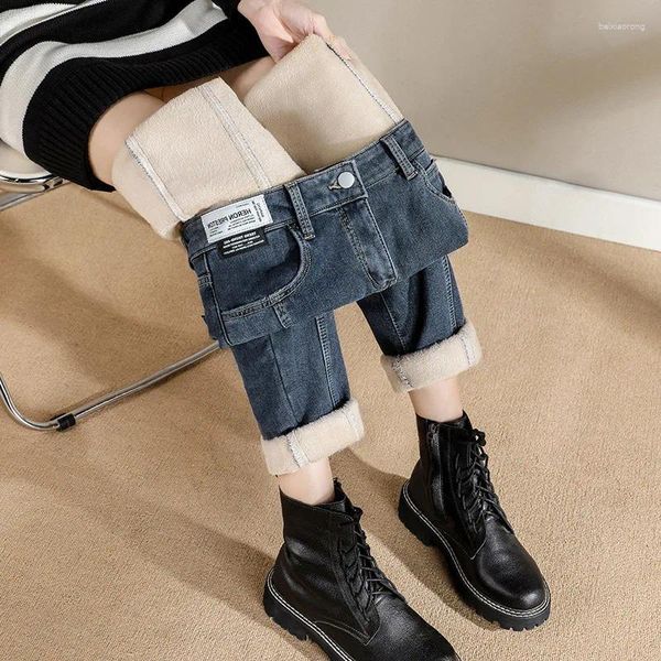 Jeans femininos plush denim outono e inverno 2023 engrossado cintura alta emagrecimento perna reta harlan rabanete pai calças