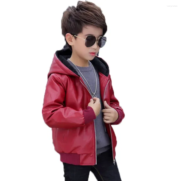 Jacken Winter PU Lederjacke für Jungen 2023 Koreanische Version Plus Samt Dicke Mode Mit Kapuze Mantel Hübsche Lässige Kinderkleidung