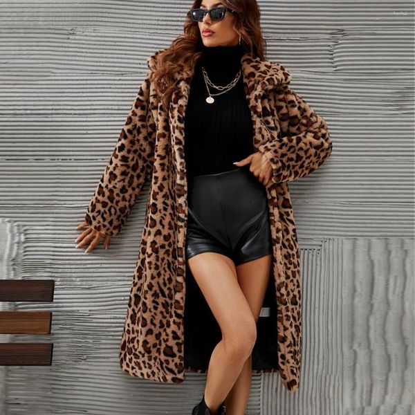 Mulheres de inverno feminino Coubre o leopardo vintage longo de luxo de luxo de luxo de pelúcia de couro de couro artificial de alta qualidade