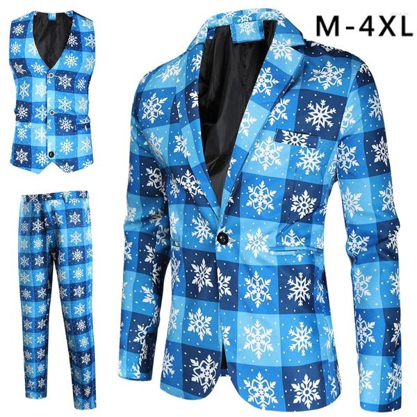 Ternos masculinos 2023 homens terno 3 peça festa de natal baile floco de neve xadrez impresso conjuntos casuais jaqueta colete calças plus size 4xl