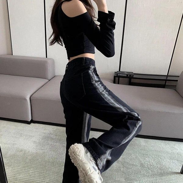 Jeans da donna Denim nero Primavera e autunno 2023 Pantaloni a gamba larga a vita alta dal design ampio e tubo dritto