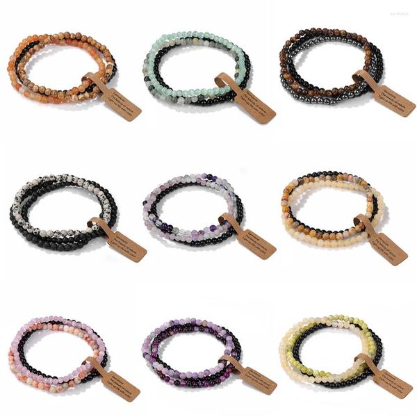 Filo 3 pezzi Bracciale elasticizzato con etichetta dei desideri 4 mm Pietra naturale con perline Turchese Onice nero Gioielli Regali per donne Uomini