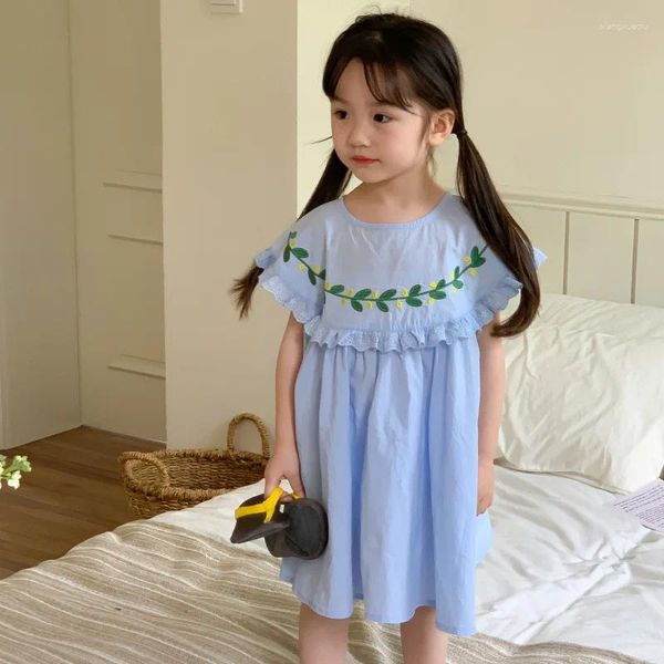 Mädchen Kleider Koreanische Kinder 2023 Sommer Mädchen Solide Einfache Gestickte Prinzessin Kleid Baumwolle Kurzarm Kleinkind Spitze