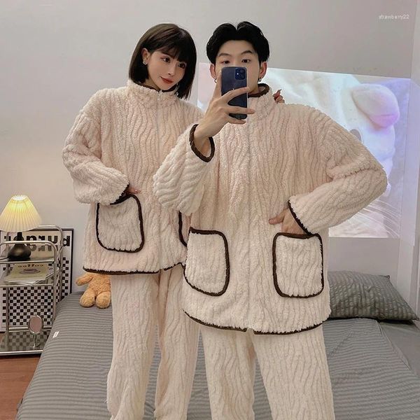 Pijamas femininos inverno jacquard pelúcia casal flanela pijamas engrossado quente casa pele masculino cardigan zíper coral