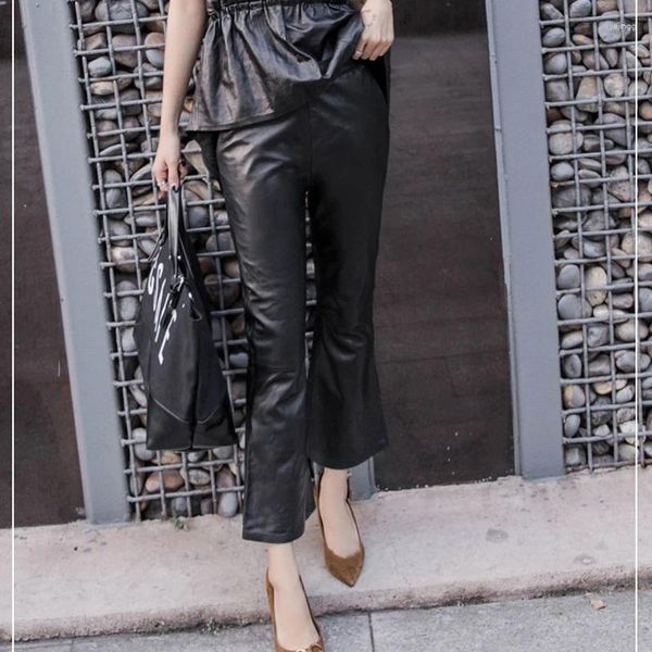 Calças femininas mulheres flare 2023 outono preto plus size magro couro real pele de carneiro feminino tornozelo comprimento calças senhoras streetwear