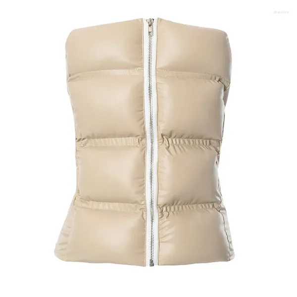 Coletes femininas Mulheres Curto Puffer Vest Outono Roupas de Inverno Cor Sólida Barco Pescoço Strapless Colete Acolchoado Backless Casaco Acolchoado