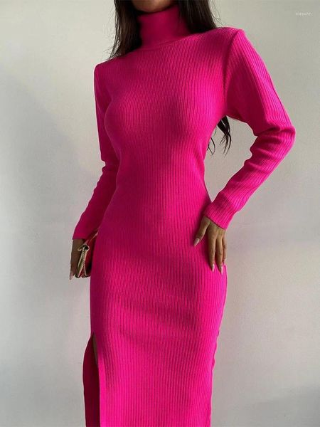 Casual Kleider Herbst Hohe Kragen Gestrickte Kleid Für Mädchen Elegante Langarm Schlank Midi Wrap Mit Schlitz Bodycon Frauen Luxus 2023