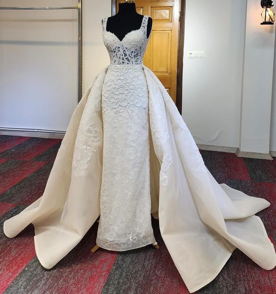 2023 out árabe aso ebi plus size frisado laço vestido de casamento bainha trem destacável vestidos de noiva zj609