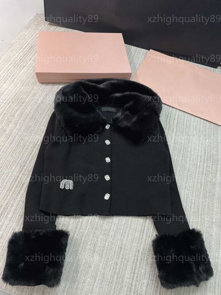 Designer jaqueta mulheres outono inverno nova gola de lã emendada malha cardigan diamante botão carta punhos destacáveis casacos elegantes mulheres casaco