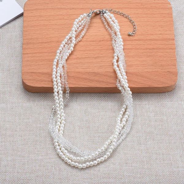 Colares de pingente 2023 Clear Transparent Beads Simulado Pearl Chain Layered Gargantilha Bib Moda Bohemian Jóias