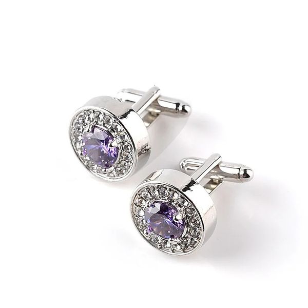 Cuff Links Men's White Purple Enamel Crystal Cufflinks Round Wedding Party Cufflink French Shirt Cuff Buttons Cuff Links Luxury Rhinestone 231020