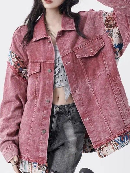 Damesjassen Patchwork Folk Grafisch Contrast Colorblock Roze Jeansjack Denim jas met knopen Grote maat BF Cowboy Los windjack