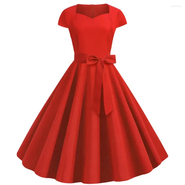 Casual Kleider 2024 Sommer Feste Rote Farbe 50er 60er Jahre Vintage Kleid Frauen Kurzarm Quadrat Kragen Elegante Büro party Midi Gürtel