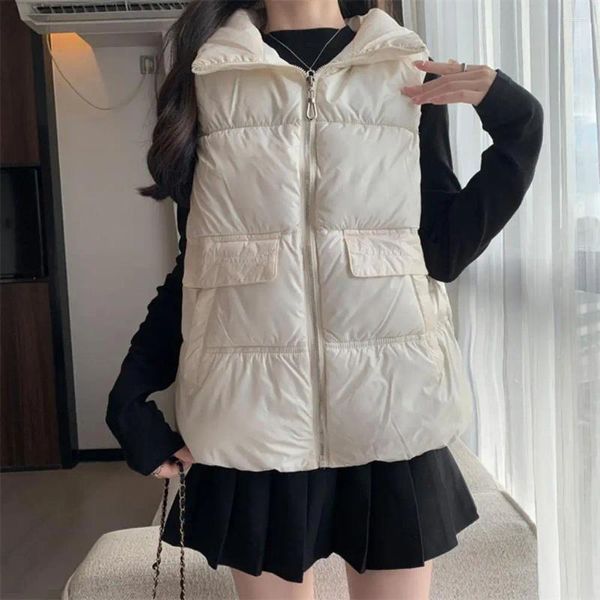 Coletes femininas mulheres casaco de algodão engrossado acolchoado colete de inverno à prova de vento retenção de calor plus size sem mangas lapela bolsos zíper