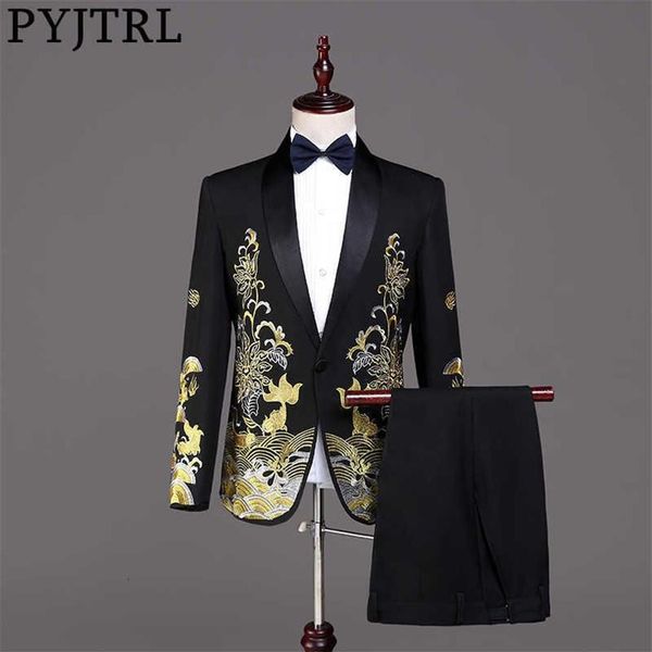 PYJTRL Moda Uomo Ricami in oro Abiti Bianco Nero Rosso Vestito da ballo Cantanti di scena Costume da sposa Sposo Giacca da smoking con pantaloni X252Q