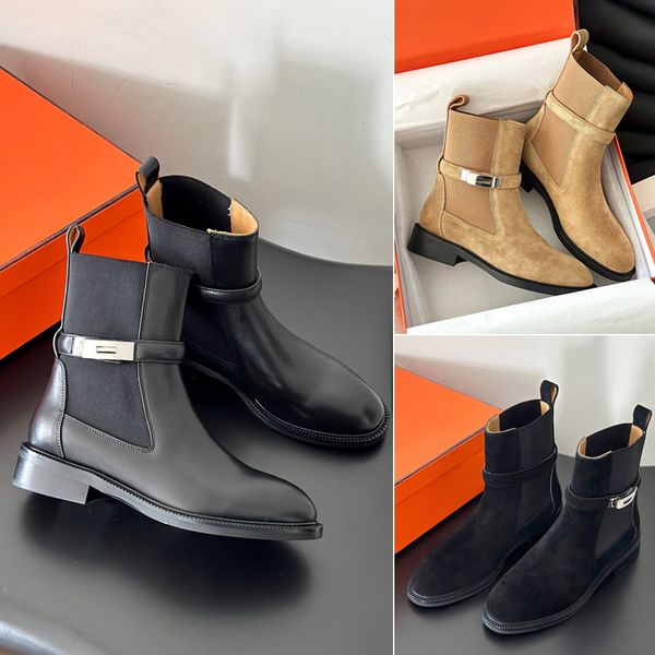 Fivelas de camurça de couro clássico preto plana martin cavaleiro tornozelo botas moda de salto baixo botas de designer de luxo feminino botas de combate