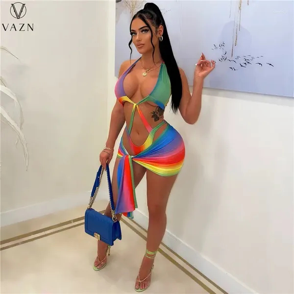 Vestidos de trabalho vazn 2023 designer de luxo vestido de praia conjunto jovem oco para fora sexy bandage bikini top mini saias mulheres magras 2 peça