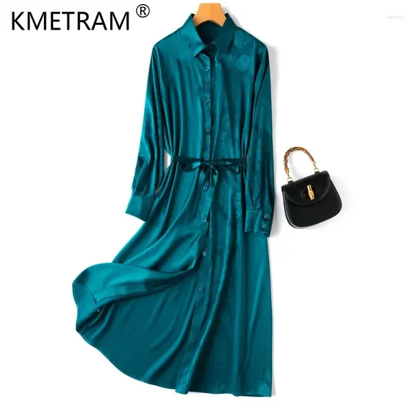 Sıradan elbiseler kadın ipek gömlek elbise% 93 Mulberry 7% Spandex 21 MOMNE JACQUARD Uzun Kollu Belted Bel Peacock Mavi Midi Robe