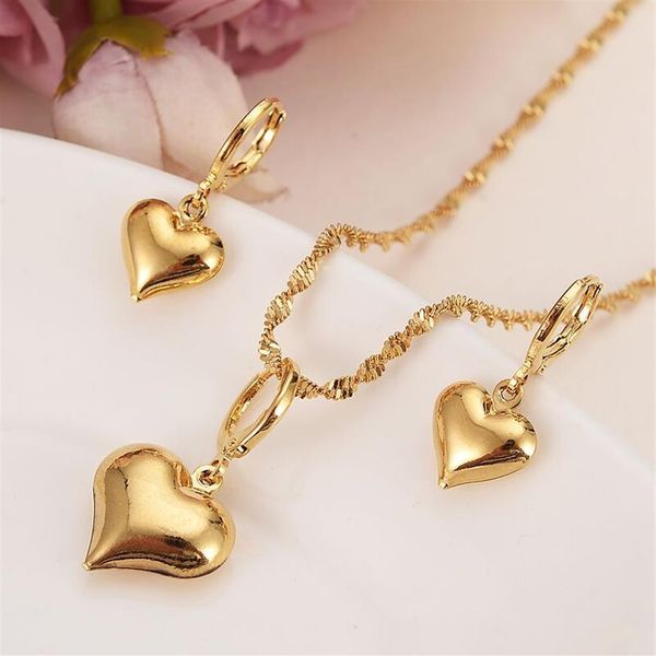 24 k giallo solido oro riempito adorabile cuore ciondolo collane orecchini donne ragazze set di gioielli festa regali fai da te charms2258