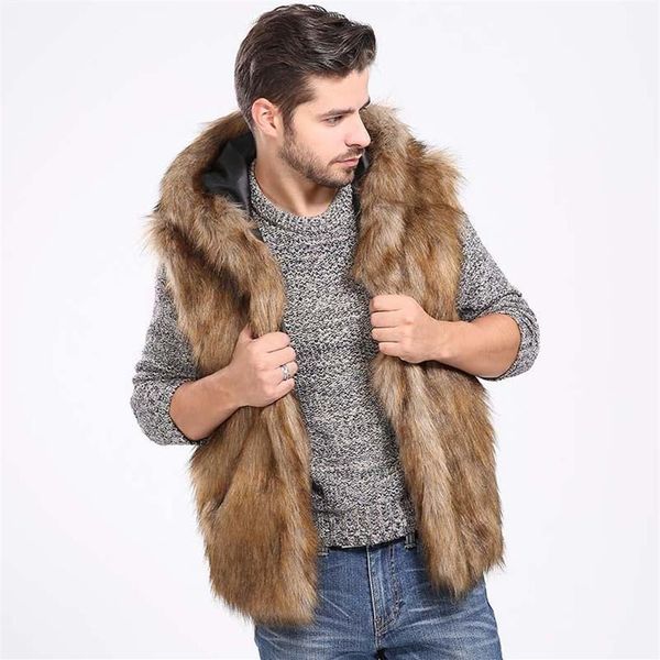 Coletes masculinos inverno engrossar quente homens peludo faux fur colete com capuz coletes sem mangas bolsos casaco outerwear jaquetas pl352m