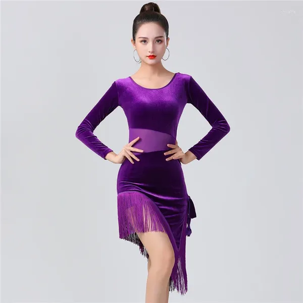 Stage Wear Ladies Latin Dance Nappa Abbigliamento Donna Adulta Sala da ballo Tango Salsa Rumba Costume Corea Velluto Netto Filato Splicing Dress