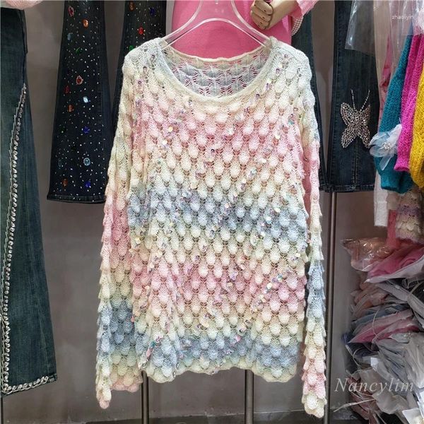 Damenpullover mit Farbverlauf, schwere Stickerei, Pailletten, Diamant, dünne Strickwaren für Frauen 2023, Frühherbst, gehäkelt, aushöhlen, locker