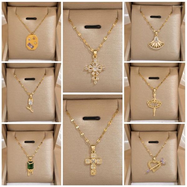 Anhänger Halsketten AENSOA Trendy Edelstahl Charms Halskette Für Frauen Zirkon Romantische Amors Pfeil Herz Kreuz Tanzen Gir Schmuck