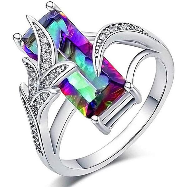 Cluster Ringen Luxe Vierkante Vorm Glanzende Regenboog Steen Ring Prong Setting Mode Cocktail Bruiloft Voor Vrouwen Sieraden Hele Lots334l