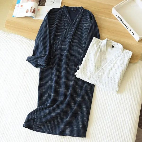 Мужская одежда для сна, японская летняя домашняя ночная рубашка, весенний полосатый халат, хлопковый комплект, размер пота и юката, отпаривание плюс