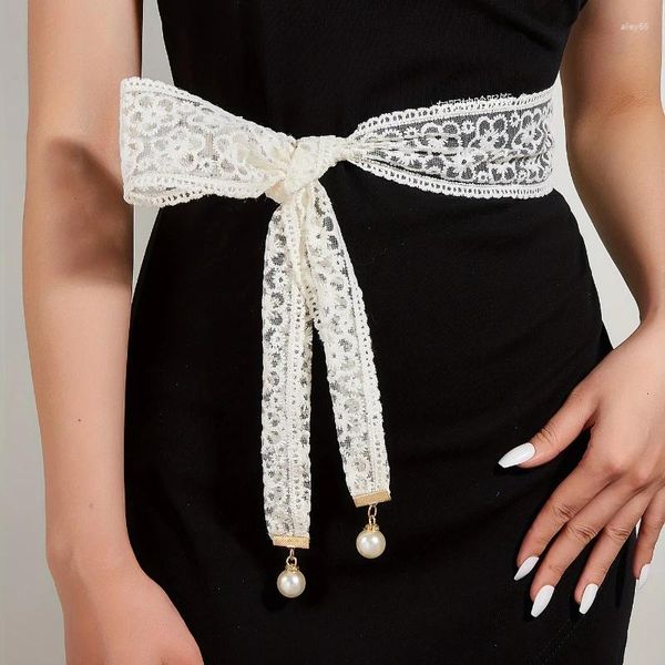 Cinture Cintura in pizzo bianco con ciondolo di perle Abito elegante da donna con fiocco in vita Ornamenti Versatile Semplice Lungo