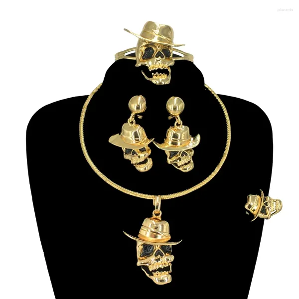 Colar brincos conjunto moda presentes de halloween estilo gótico gota crânio pingente dubai jóias banhadas a ouro para mulheres fhk16535