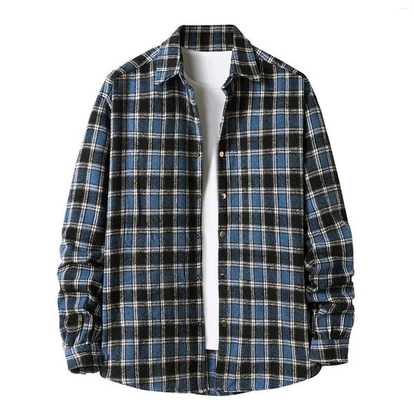 Camicie casual da uomo Autunno Inverno Plus Size Camicia di flanella spessa Moda Plaid Stampa Cappotti Top a maniche lunghe Risvolto Abbigliamento uomo