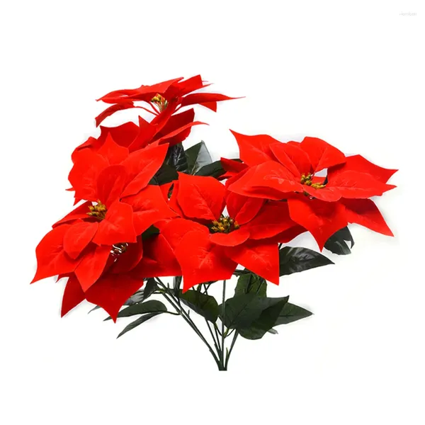 Flores decorativas real toque flanela artificial natal vermelho poinsettia arbustos buquês ornamentos de árvore de natal peça central para