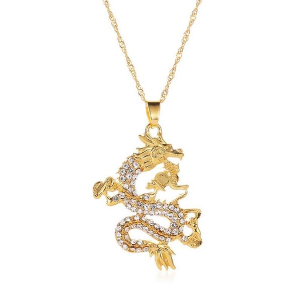 Modelo de dragão pingente colares feminino masculino cor dourada strass mascote ornamentos símbolo da sorte presentes dragão longo pingentes238i