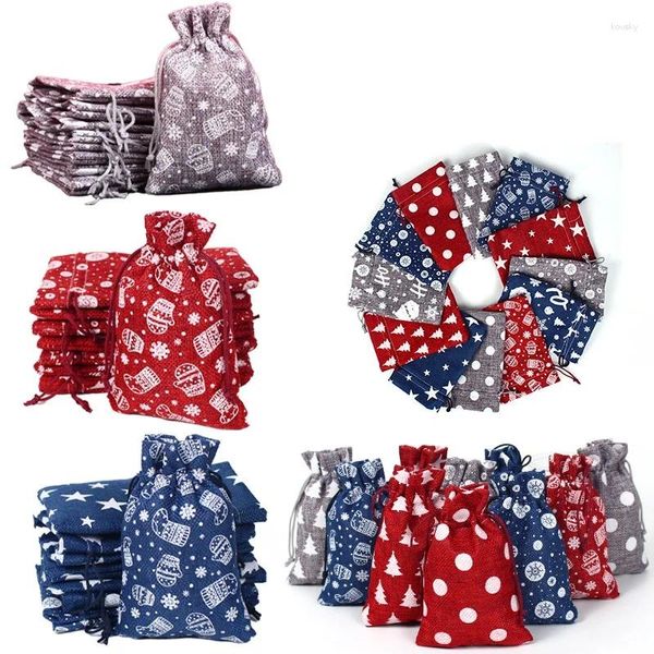 Sacos de compras 50 tamanhos 10x14cm tecido de algodão vermelho/azul/cinza bolsas para ano de natal cordão de compras presente armazenamento de doces