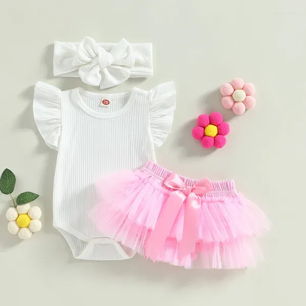 Set di abbigliamento 3 pezzi Vestiti per neonate Abiti estivi Pagliaccetto a coste con maniche bianche Fiocco rosa con volant Tutu Pantaloncini in rete Set di fasce