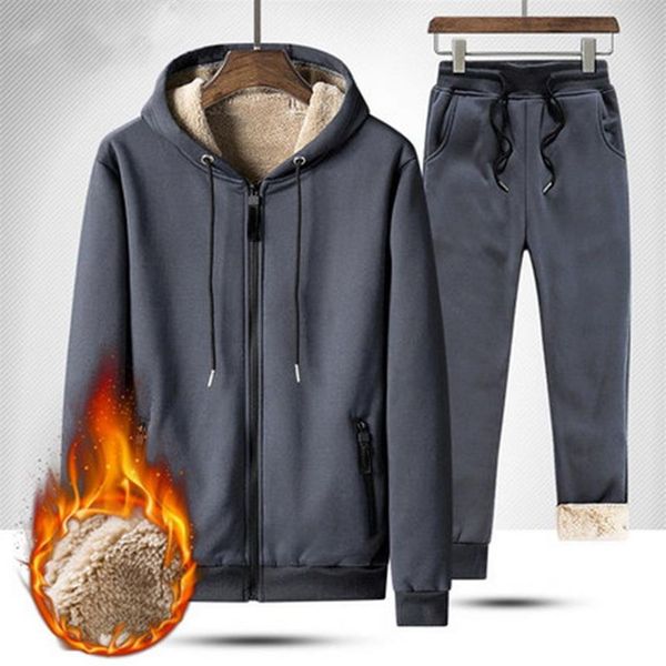 Bom inverno quente conjunto de agasalho velo com capuz moletom e moletom 2 peças conjuntos masculino voguethicken hoodies jaqueta calça set211s