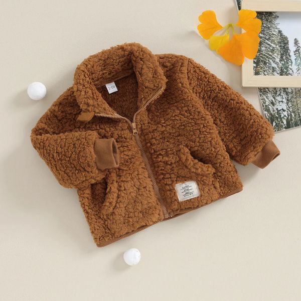 Casaco de inverno quente bebê menino meninas jaqueta de lã manga longa gola zipada casacos outwear com bolsos para criança roupas infantis 231020