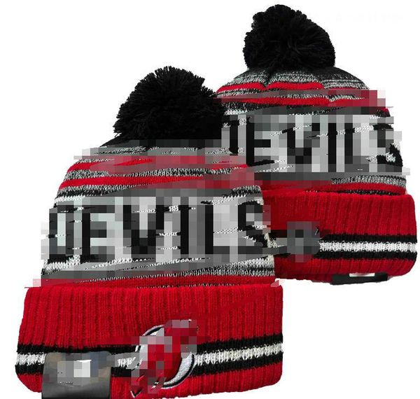 Berretti da uomo Cappelli da palla da hockey Devils Beanie Tutte le 32 squadre Pom con risvolto lavorato a maglia NEW JERSEY Berretti A righe Lana laterale Calda USA College Sport Cappelli lavorati a maglia Berretti da donna