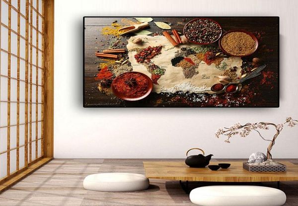 Grãos especiarias mapa do mundo cozinha pintura em tela arte da parede fotos pintura arte da parede para sala de estar decoração casa sem moldura4797570