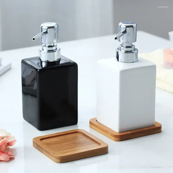 Дозатор для жидкого мыла, 320 мл, керамическая эмульсия, белая, черная бутылка, гель для душа, дезинфицирующее средство для рук с бамбуковым подносом для кухни