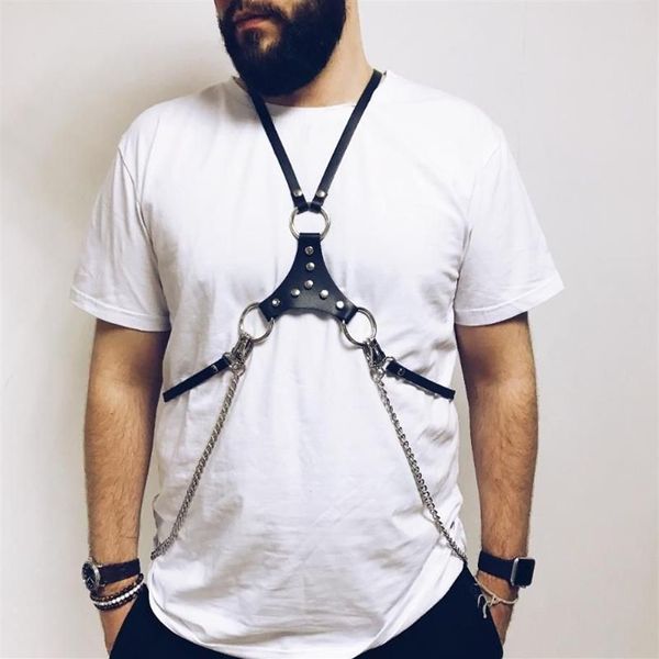 Homens punk corpo couro bondage para moda na moda cintura arnês cinto corrente o anel cintas cintos pretos com prata masculino halter sutiãs s241f