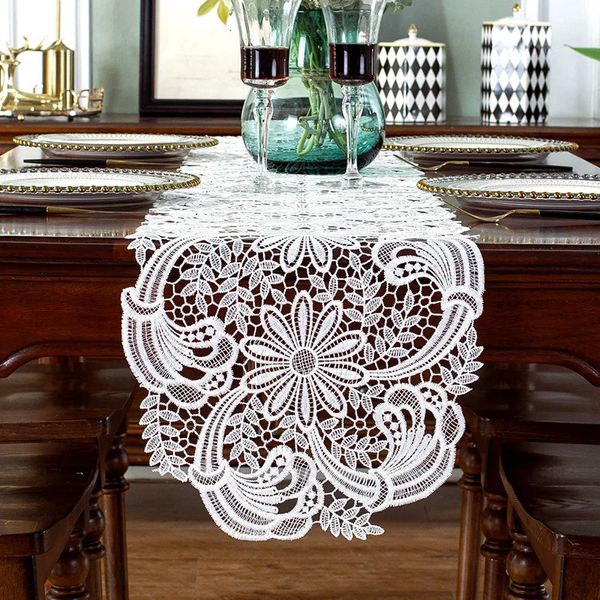 Corredor de mesa de renda corredor de mesa de luxo branco casamento lugar corredor de mesa casa bordado oco romance capa de mesa decoração 231019