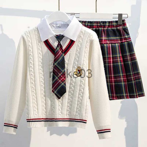 Conjuntos de roupas Uniforme escolar para adolescentes Uniforme escolar para meninas Crianças Traje Crianças Terno Preppy Sweater Saia Roupas para meninas 12 13 14 J231020