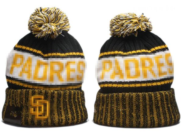 Мужские кепки Бейсбольные кепки Padres Beanie All 32 Teams Вязаные шапки с помпонами на манжетах San Diego Шапки в полоску по бокам Шерстяные теплые вязаные шапки для американского студенческого спорта Кепка для женщин a0