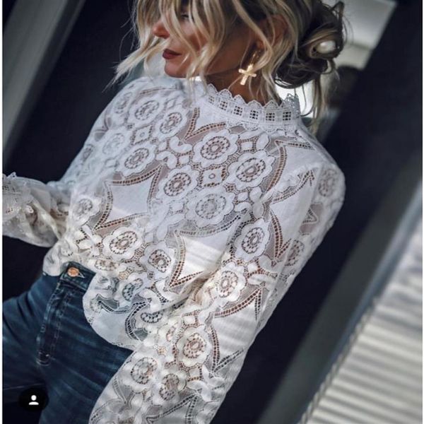 Yeni Tasarım Kadın Stand Yakası Fener Tarzı Uzun Kollu Perspektif Dantel Tığ Floral Gevşek Artı Boyut Üst Bluz Gömlek276Q
