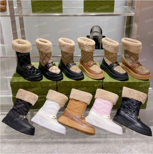 Scarpe firmate Horsebit Snow Boots Autunno Inverno Donna Matelasse Boot lusso Spazzolato Rois Pelle Nylon Lana all'aperto Stivaletti con plateau Scarpe Taglia 35-42