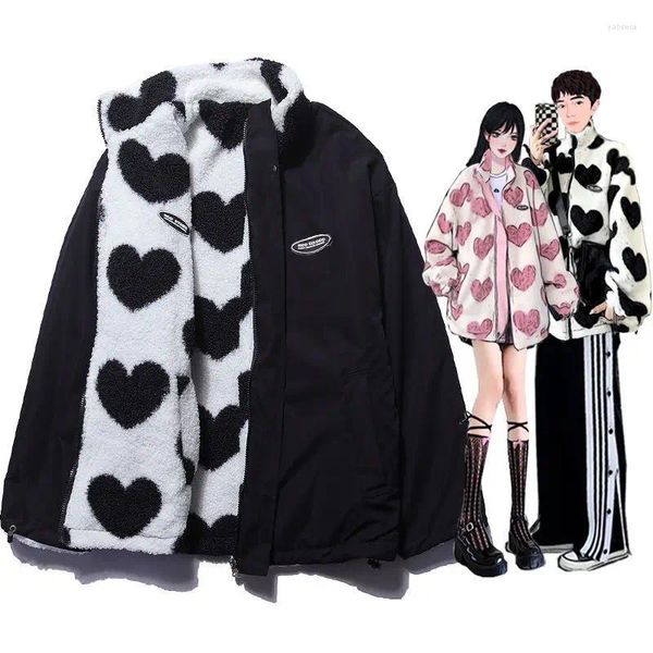 Damenjacken Herbst und Winter Love Lambswool Cotton-Padded Jacket Doppelseitiger Kragen Y2K Couple Loose Warm Grunge