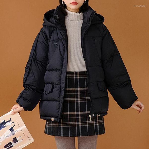 Mulheres Trench Coats Mulheres Casual Solto Sólido Simples Inverno Com Capuz Grosso Casaco Feminino Pequeno Fresco Estilo College Casaco Quente Parkas Adolescentes Meninas